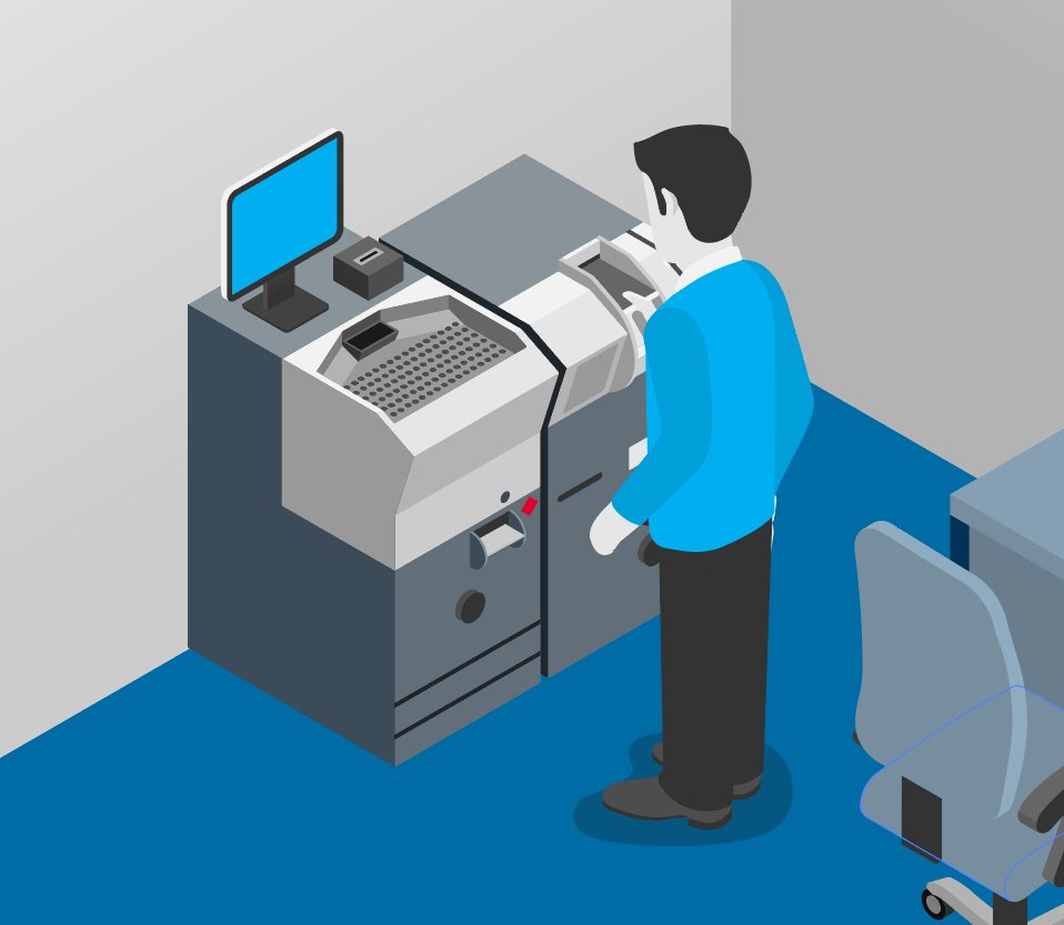 A cartoon image of a man using a machine in a supermarket