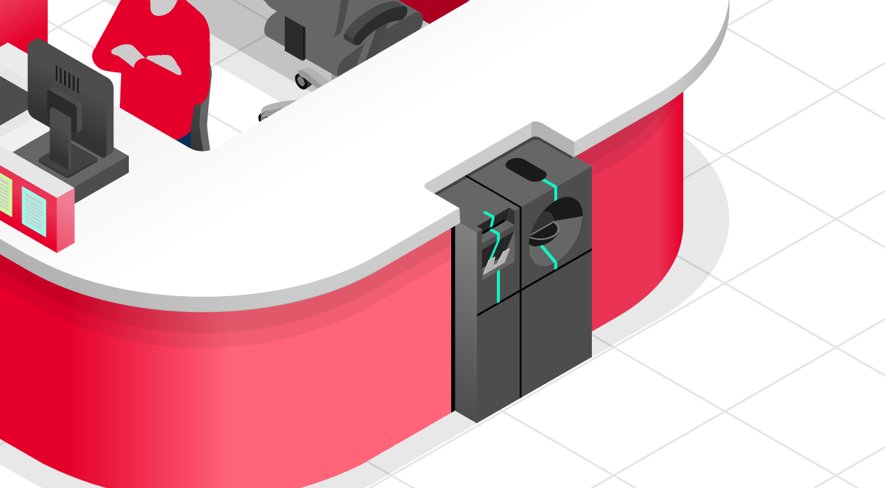 A cartoon image of a front office cash recycling machine
