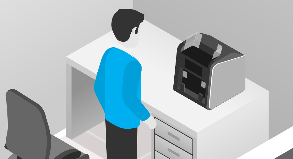 A carton image of a man in front of a note counter