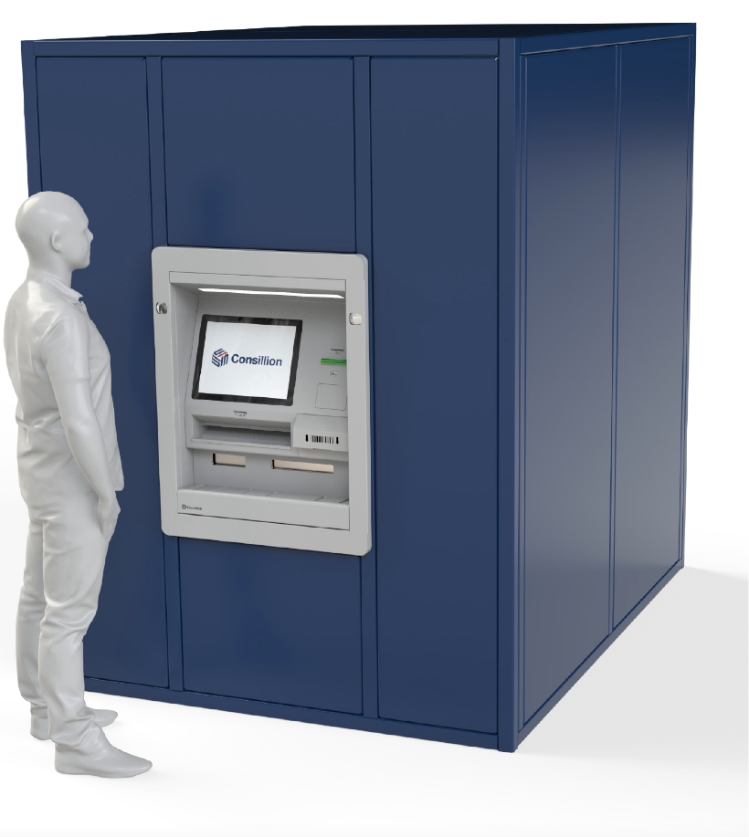A photo of a man in front of the CRTi Cash Redemption terminal
