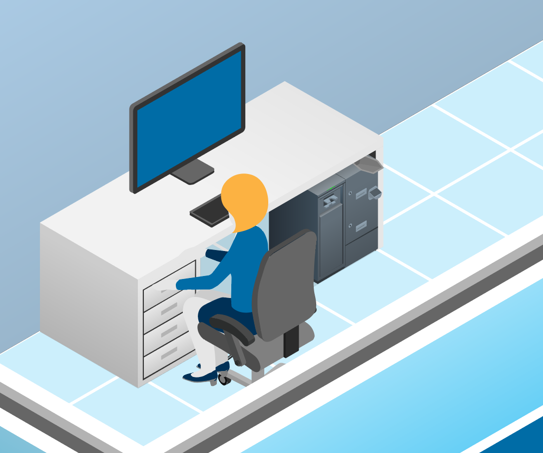 A cartoon image of a woman doing back office work in a pharmacy