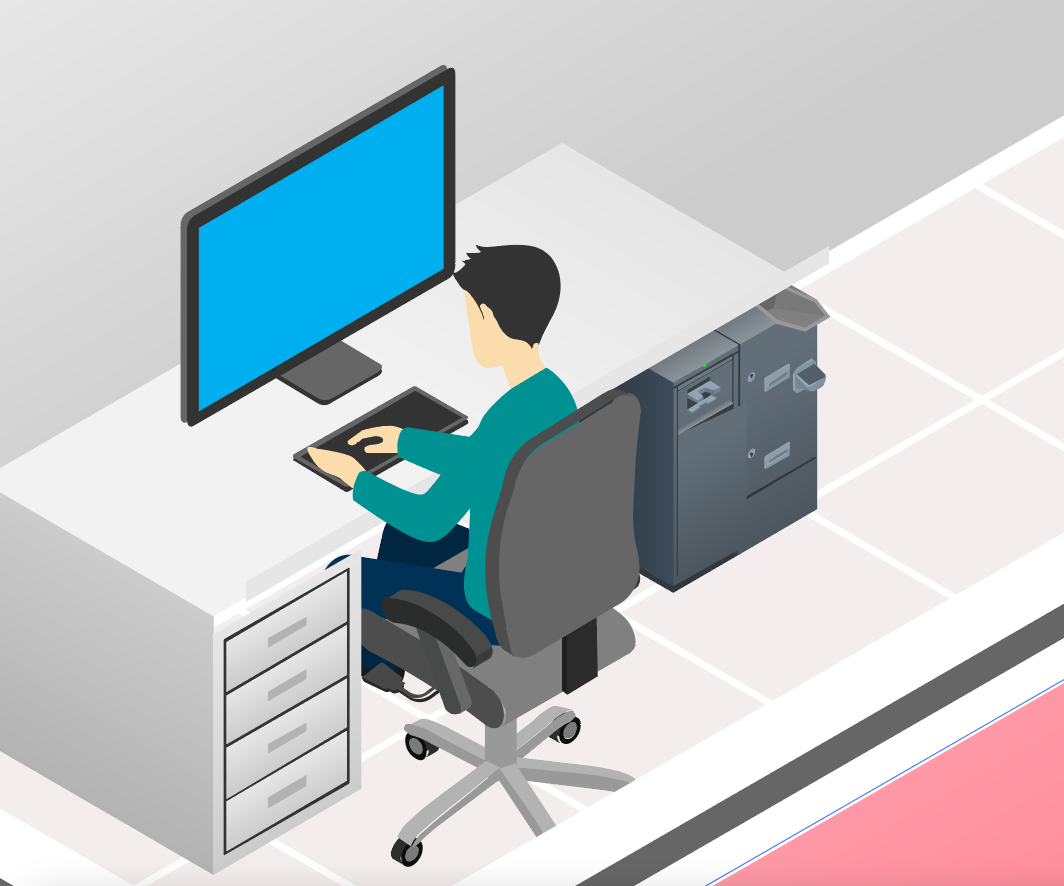Cartoon image of a man doing back office work
