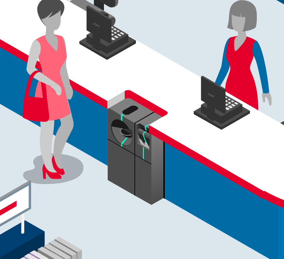 A cartoon image of a customer and cashier