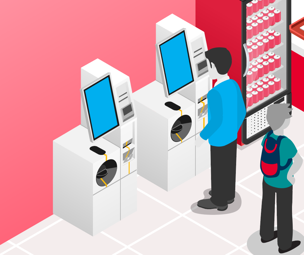 A cartoon image of a man in front of a self service machine