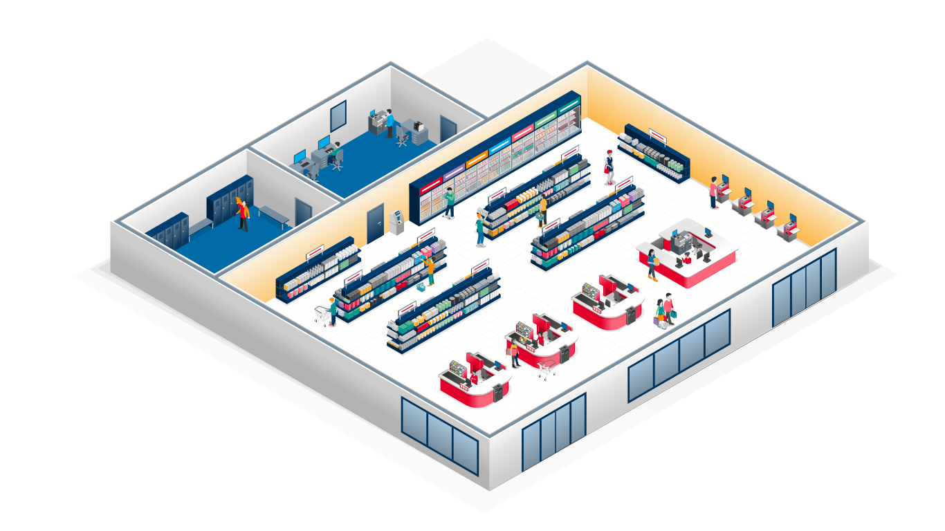 A cartoon image of a busy supermarket